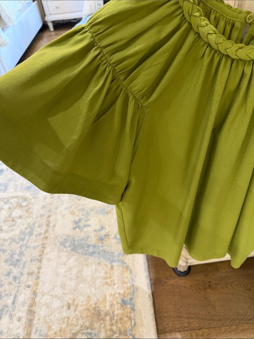 Olive Braided-Neck Flutter Sleeve Blouse - Picture 5 of 16